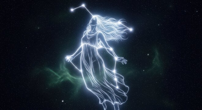 Constellation of Virgo against backdrop of a night sky. Constellation forms ethereal figure of woman in flowing gown. Virgo constellation represents celestial wonder, ideal for astrology content.