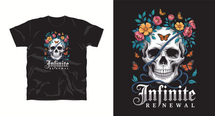 T shirt design with skull decorated with flowers and butterflies