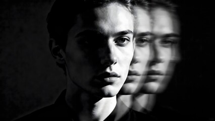 racing thoughts motion blur: fine-art portrait with multiple translucent overlapping faces, sharp focus amid dynamic motion, low-key lighting symbolizing mental acceleration and rushing mind 