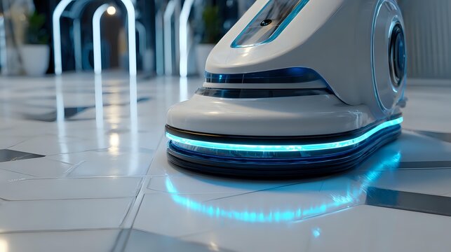 Autonomous cleaning robot on a tiled floor modern technology for commercial cleaning futuristic design and efficiency