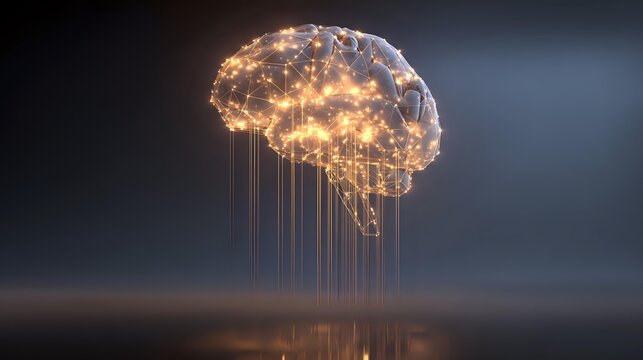 Glowing brain with neural network connections artificial intelligence concept modern technology and innovation on dark background
