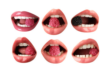 Obraz premium Women holding fresh blackberry and candies in mouth on white background, closeup. Female lips with different shades of lipstick, collage