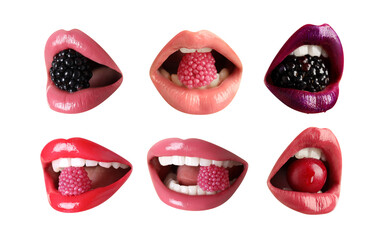 Women holding fresh berries and candies in mouth on white background, closeup. Female lips with different shades of lipstick, collage