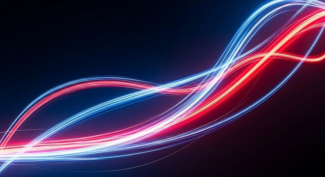 Abstract flowing neon light trails in vibrant red and blue against a dark background