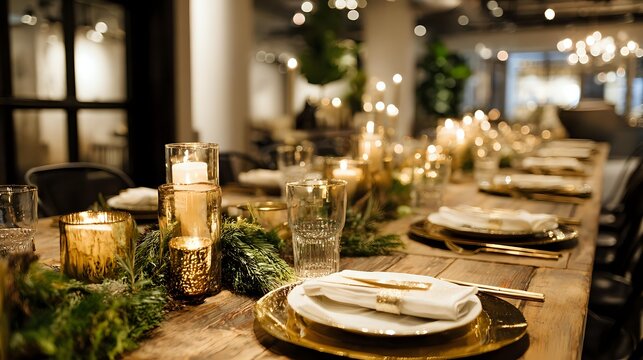 Elegant table setting with candles and greenery rustic wooden table for a special occasion perfect for holiday gatherings and celebrations