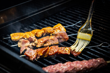 Grilled Kebab From Fresh Meat Pork Cooking On Metal Skewer Outdoors grill steak
