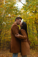 Romantic couple kissing in autumn forest, wearing matching brown coats, surrounded by colorful fall foliage, expressing love, tenderness, and emotional connection.