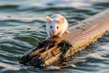 Tiny white mouse balancing on a floating log, escaping rising water levels