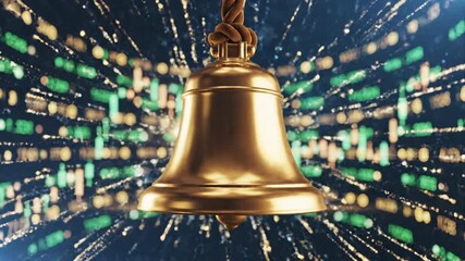 Golden Bell Hanging Suspended Against a Vibrant Abstract Background of Digital Lights and Patterns