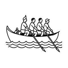 Cartoon illustration vector set of fishing boats on the ocean water with silhouette of people having fun on the beach