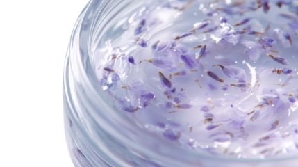 close-up of a clear cosmetic gel or cream of a light lavender shade, in a glass jar. The gel in a lightly dissolved focus contains natural lavender petals and buds.