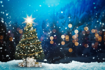 Christmas tree with gift boxes outdoors at night. Festive card design with magic lights. Happy winter holidays