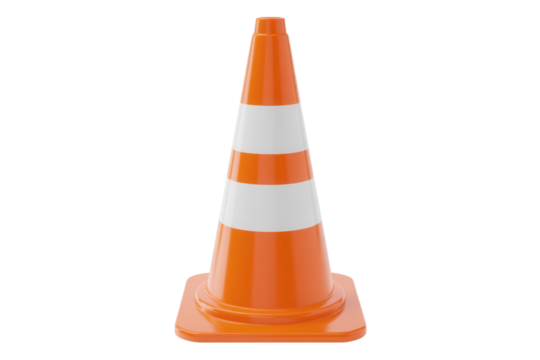 Orange traffic cone with white stripes safety equipment for road construction on Transparent Background