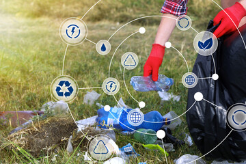 Woman putting garbage into plastic bag in park, closeup. Scheme with recycling symbol and different icons. Ecology and clean environment
