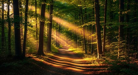 Obraz premium Sunbeams pierce through dense forest canopy illuminating a winding path with dappled light