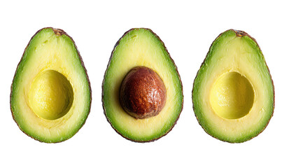 Three halved avocados, side-by-side,  with pit visible in center of each.  Fresh, vibrant green flesh