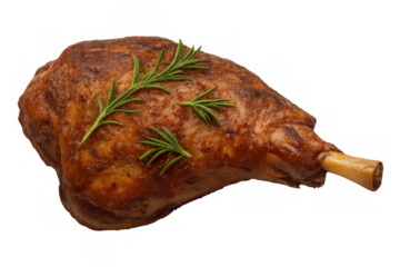 Roasted leg of lamb with rosemary herbs, delicious cooked meat for festive dinner or holiday meal, transparent background