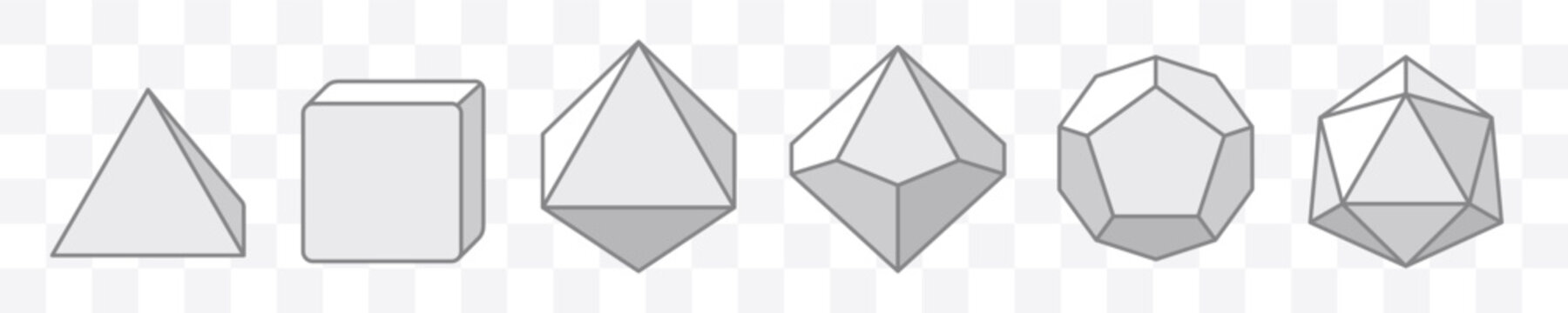 Vector illustration set of D4, D6, D8, D10, D12, D20 dice icons isolated. Polyhedral gaming dice collection for tabletop, RPG, and board game design projects.