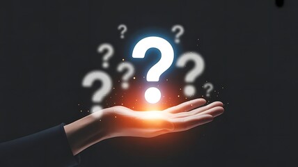 Businessman holding glowing question mark symbol representing problem solving uncertainty curiosity innovation decision making challenge and creative thinking concept in business and technology. icon