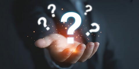 Businessman holding glowing question mark symbol representing problem solving uncertainty curiosity innovation decision making challenge and creative thinking concept in business and technology. icon