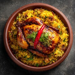 A beautifully presented dish featuring a whole roasted chicken served over a bed of seasoned rice. 