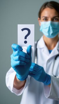A female doctor in blue gloves holds a paper with a question mark, possibly seeking clarification or guidance