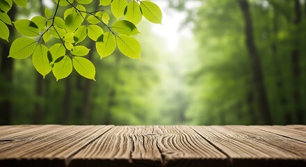 Empty wooden table in lush green forest with sunlight filtering through leaves