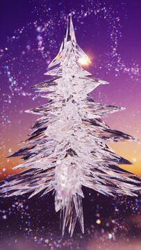 crystal tree with sharp facets against gradient purple and orange background with sparkling particles