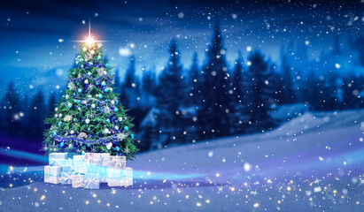 Christmas greeting card with decorated tree, gift boxes and magic lights outdoors at night. Happy...