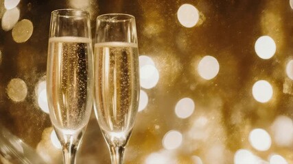 Two flutes of bubbly champagne with a golden bokeh background, celebrating a special occasion - Powered by Adobe