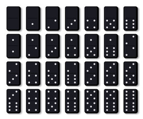 Vector illustration of a complete set of domino tiles in flat design style. Classic rectangular domino pieces for board games, tabletop, and gaming design projects. Black color.