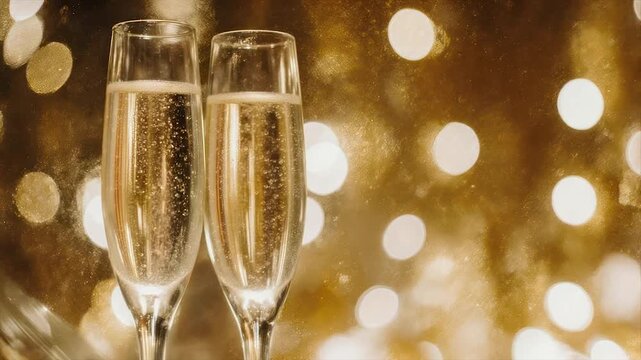 Two flutes of bubbly champagne with a golden bokeh background, celebrating a special occasion