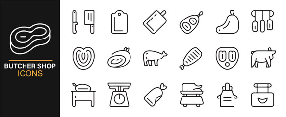Clean Line Art Icons of Butcher Tools, Meat Cuts, and Shop Equipment