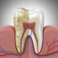 Detailed dental anatomy illustration showing effects of plaque and yellowing vs clean enamel