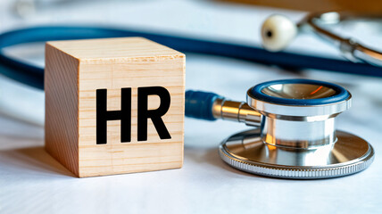 Wooden block with hr text alongside a stethoscope suggests human resources in healthcare employee wellness programs and occupational health services for medical professionals