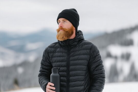 Bearded man in a black puffer jacket stands outdoors in a snowy landscape, holding a matte black water bottle, showcasing winter fashion and outdoor adventure