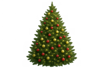Christmas tree decorated with red and gold baubles and festive lights, having a transparent background