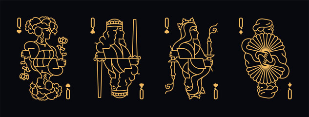 Vector illustration of a set of four Queen playing cards: Clubs, Diamonds, Hearts, Spades. Elegant and classic design for poker, casino, and entertainment projects.