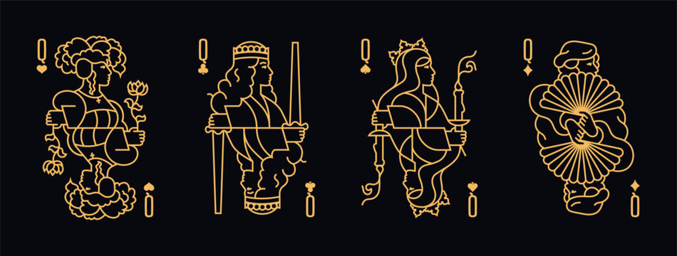 Vector illustration of a set of four Queen playing cards: Clubs, Diamonds, Hearts, Spades. Elegant and classic design for poker, casino, and entertainment projects.