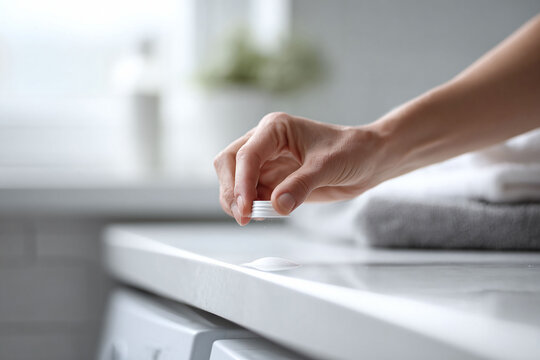 Womans hand tips white powder. Clean, bright laundry room, laundry detergent, cleanliness. For hygiene, household, and wellness themes.