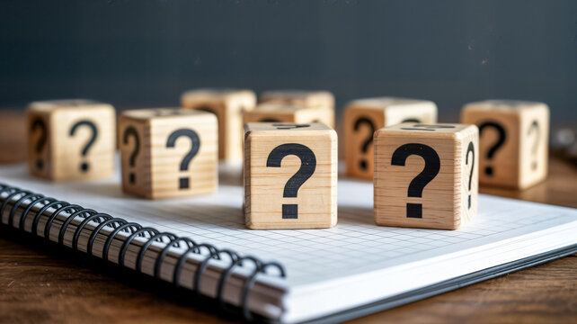 Wooden blocks with question marks are arranged on a notebook symbolizing uncertainty problemsolving and the search for answers in business education and personal growth scenarios - Powered by Adobe