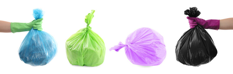 Set of colorful plastic bags full of garbage isolated on white