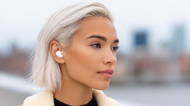 Modern young woman with short blonde hair wearing wireless earbuds, gazing thoughtfully into the distance, showcasing contemporary lifestyle and technology in an urban setting