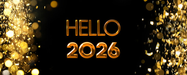Merry Christmas and Happy New Year! Hello 2026 against and falling golden glitter black background with bokeh lights