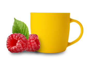 Hot beverage in cup and fresh raspberries on white background. Immunity boosting drink for cold...