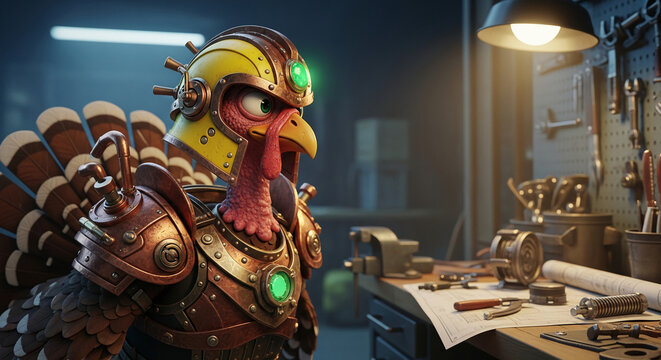 Steampunk turkey with helmet, armor in workshop with blueprint and tools, symbolizing creation, technology and animal in an unusual, fictional form - Powered by Adobe