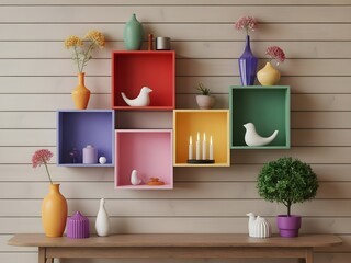 Shelves decor colorful brighten a modern artistic interior