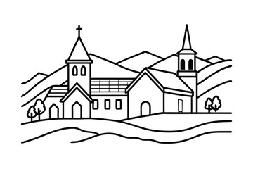 Vector illustration of a cartoon church building in a village or town square with a bright morning sky
