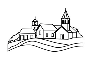 Vector illustration of old town architecture featuring castle, church, and fantasy village buildings