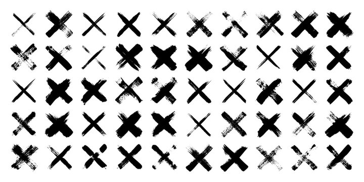 Grunge crosses, brush strokes, x mark, lines, ink smudges, hand-drawn scribble shapes. Handmade sketchy marks, acrylic stains, charcoal streaks. Paint textures, dry brush effect. Vector illustration